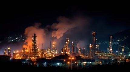 Night View of a Refinery with Lights and Smoke in the Background