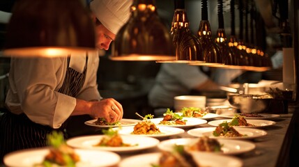 A chef plating multiple dishes in a row under warm pendant kitchen lights