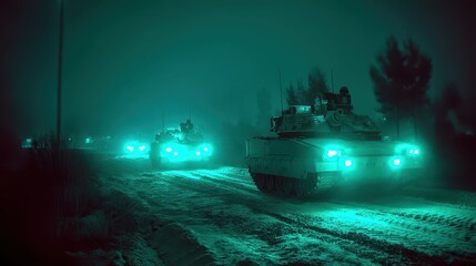 Night Vision Stealth Movement of Tanks on Dark Cold Landscape