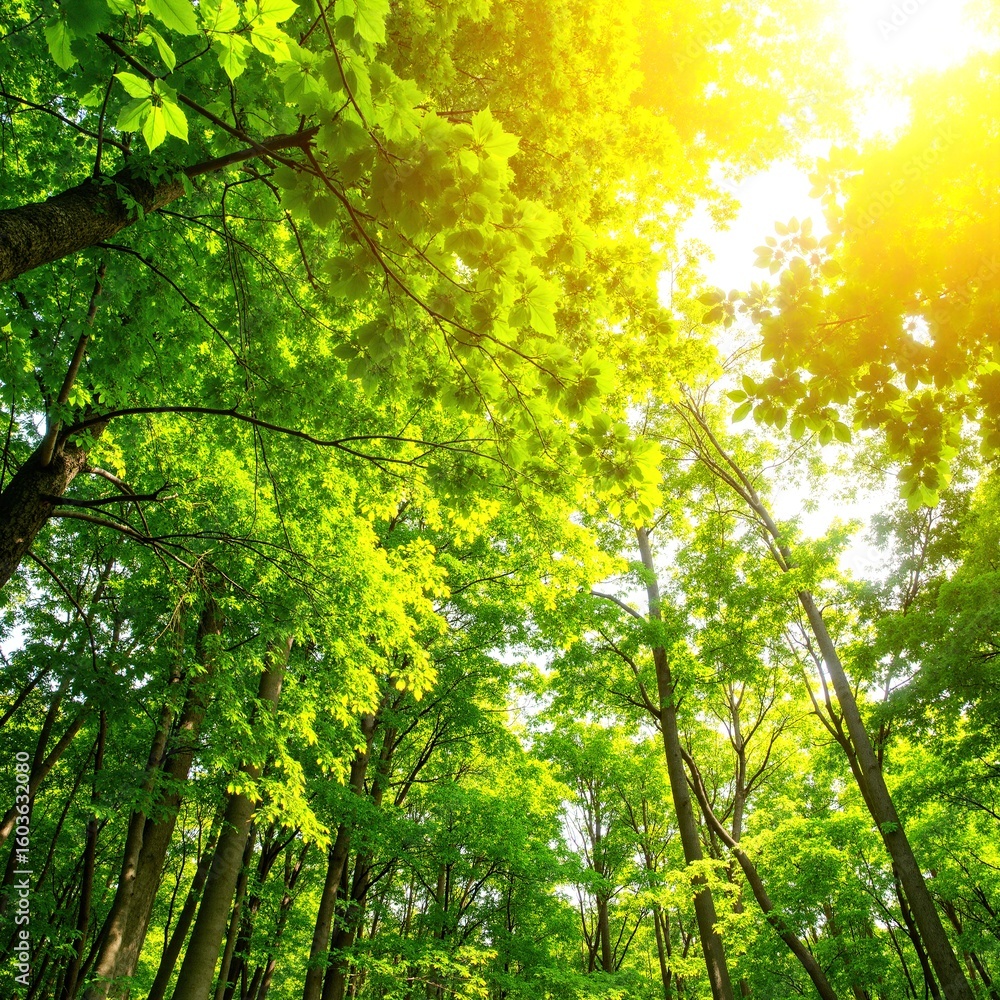 Poster golden sunlight filters through the lush green canopy of trees in a serene forest, casting dappled l