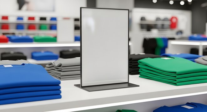 A clean store display featuring stacks of colorful t-shirts and a blank sign, illuminated by bright overhead lighting. The background shows additional merchandise and fixtures.