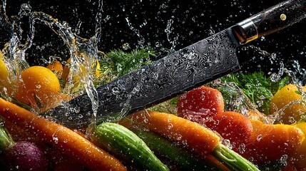 Close-up of knife slicing through ripe vegetables with droplets flying in mid-air