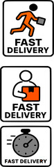 Obraz premium Fast delivery service icons, showing a running person, a person carrying a package, and a stopwatch.