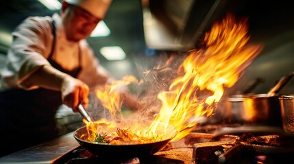 Mid-action shot of chef flipping food in a hot pan with flames and motion blur