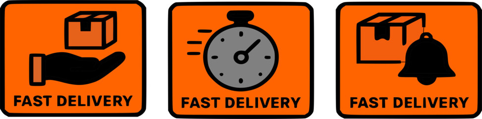 Three orange icons showcasing fast delivery with a hand, clock, and bell.