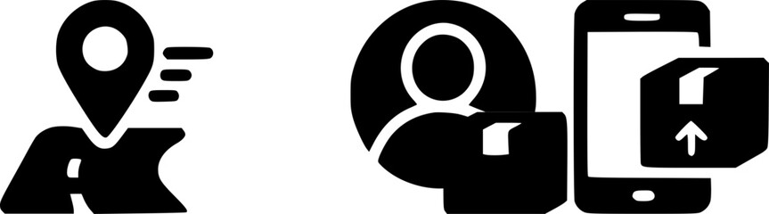 Black and white icons illustrating location tracking, user profile, and package delivery via smartphone.