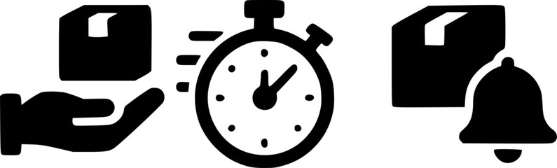 Hand delivering a package quickly, with a timer and notification bell.
