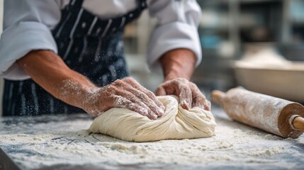 A chef folding dough on a floured surface in a bakery-style kitchen