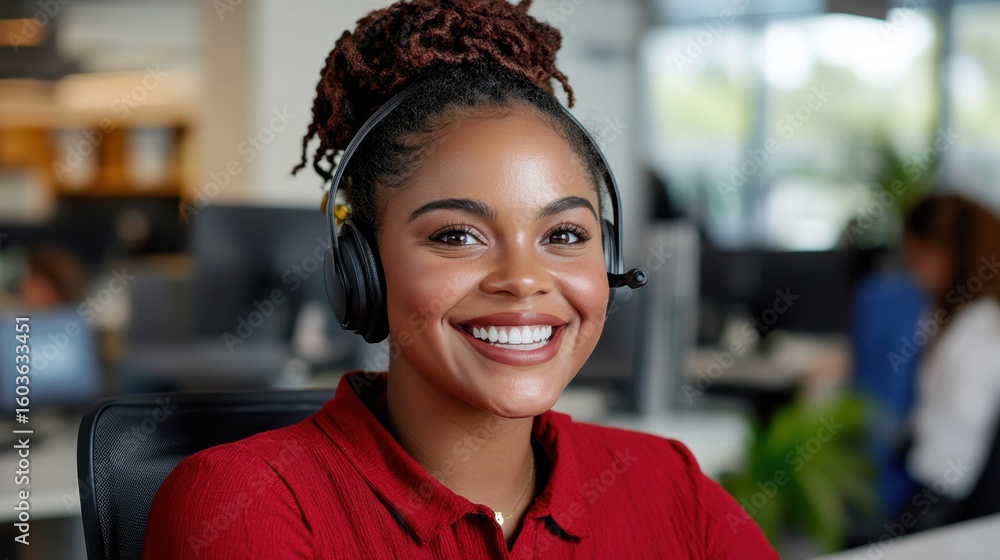 Poster smiling call center agent wearing headset while assisting client in busy office environment