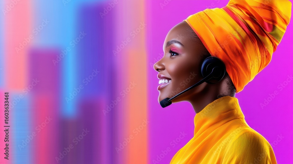 Poster smiling call center agent wearing headset while assisting client in busy office environment