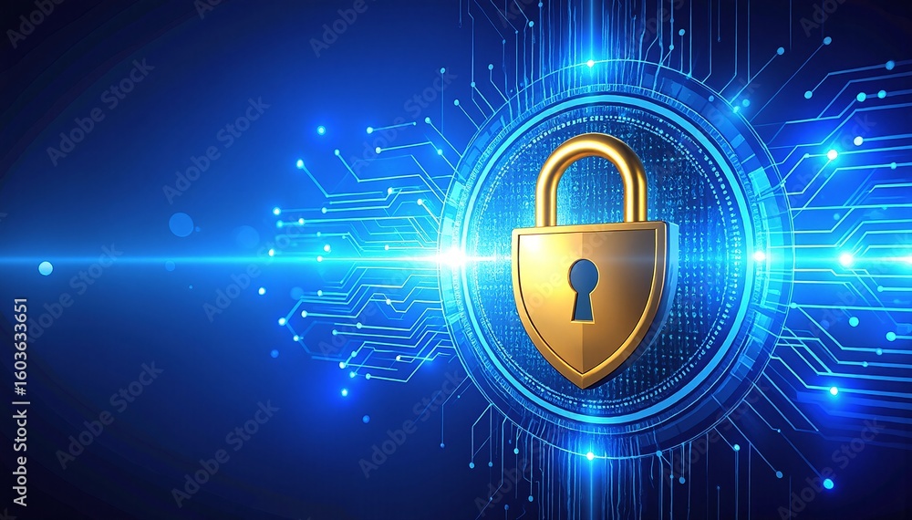 Poster a metallic padlock rests securely atop a complex electronic circuit board, showcasing intricate path