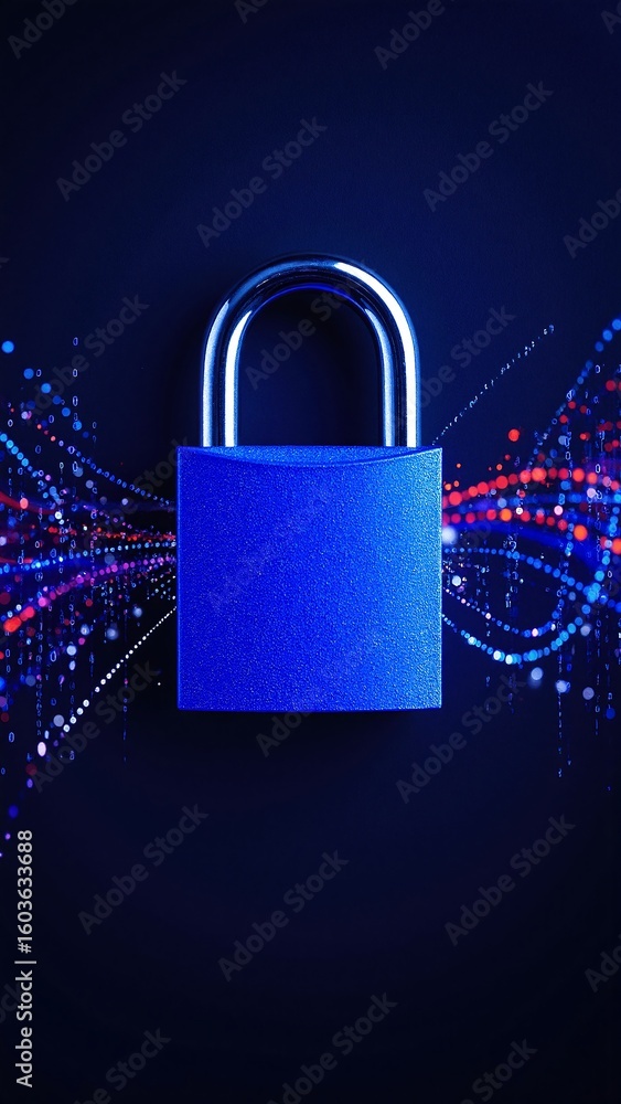 Poster a vibrant blue padlock adorned with multicolored lights and intricate lines, creating a captivating 