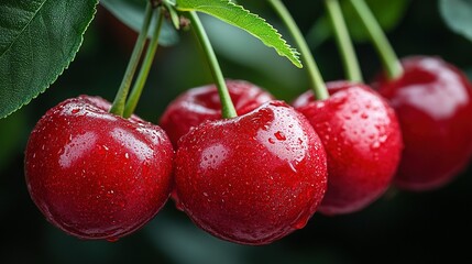 Close-up of plump, wet cherries on a branch.