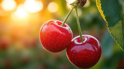 Two ripe cherries hang from a branch in sunlight.