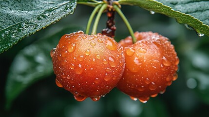 Close-up view of two wet cherries on a branch.