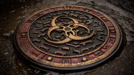 Obraz premium Biohazard Symbol on Sewer Drain Cover with Textured Metal Design