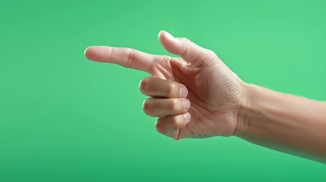 Close-up green screen video of a realistic human hand pointing to the right with index finger extended in clear motion