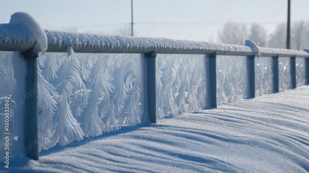 Poster frosted fence surrounded by snow with intricate frozen patterns