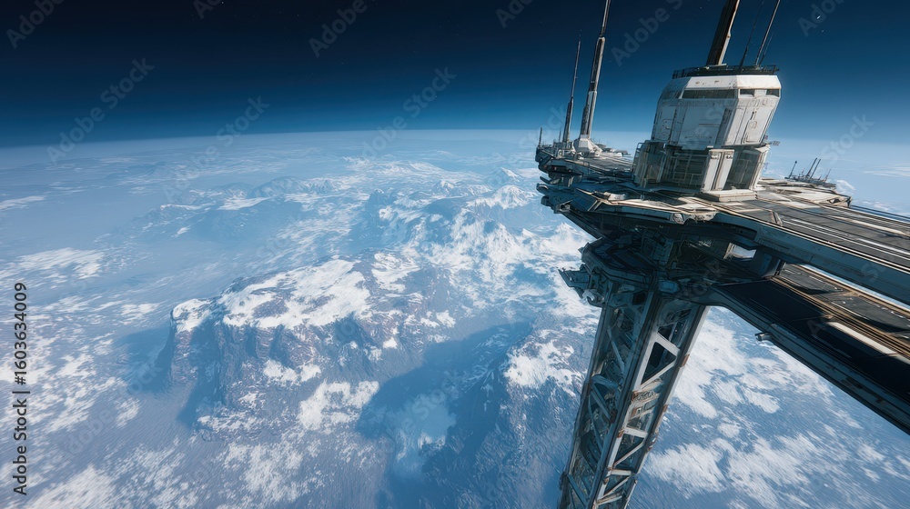 Poster engineers working on space tower structure in low orbit environment