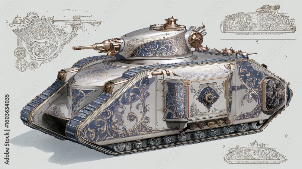 Poster steampunk armored tank design with intricate patterns and details