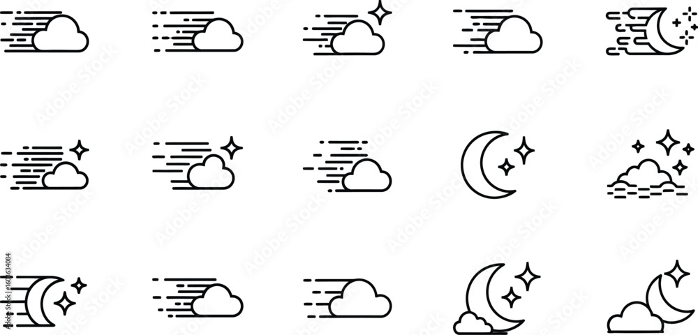 Poster collection of simple line icons featuring clouds, moon, and stars representing weather conditions an