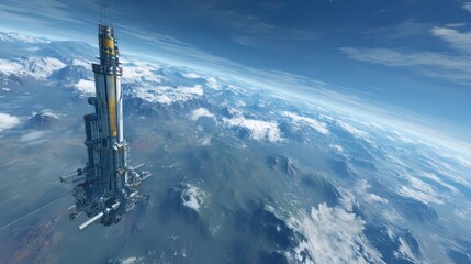 Futuristic Space Tower Floating in Orbit Above Earth with Clouds