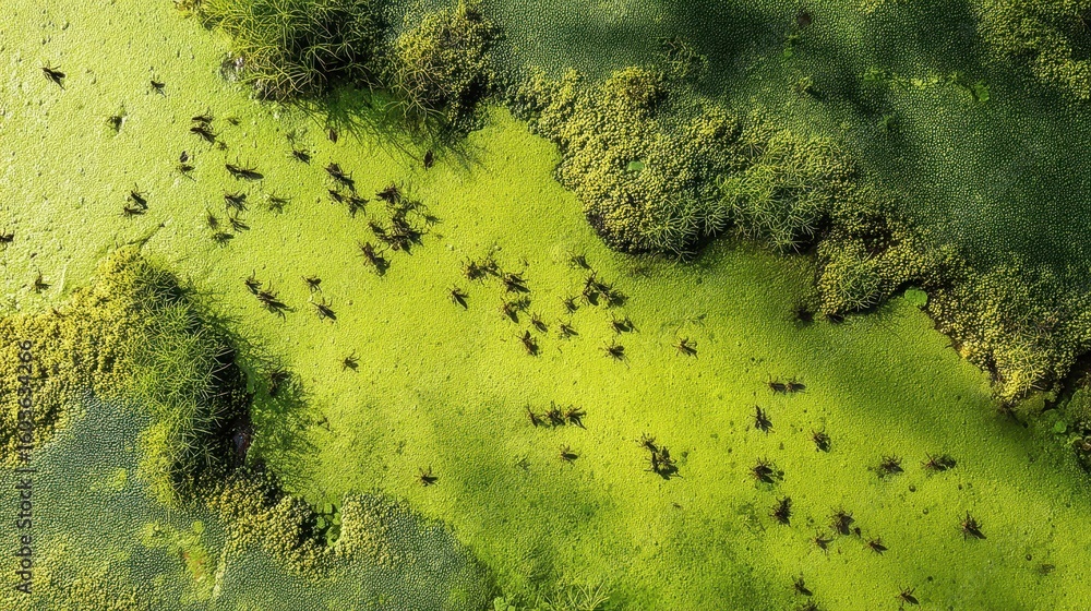 Poster swampy area filled with algae and bugs in a natural environment