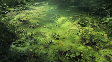 Algae-Covered Swampy Area with Bugs and Lush Green Vegetation