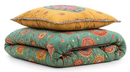 Stacked patterned quilt and cushion on white background
