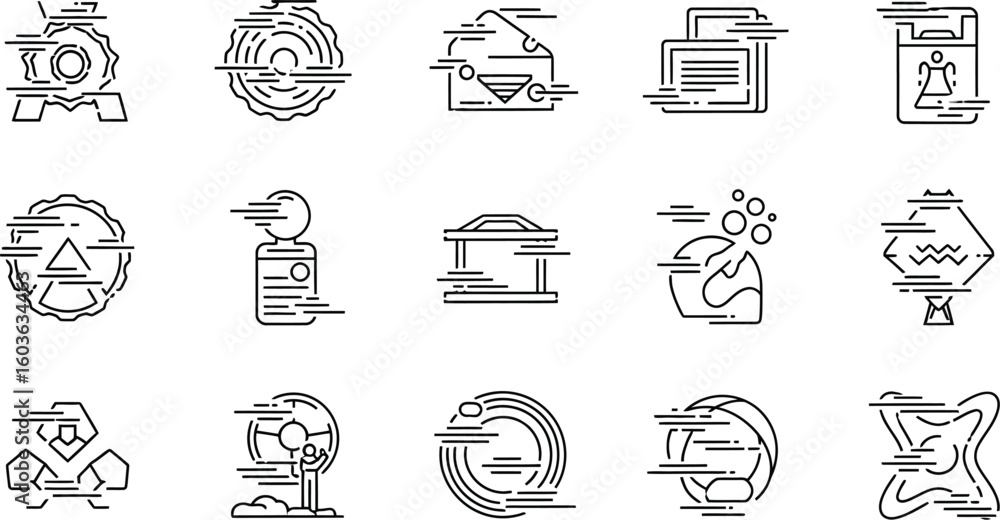 Poster line art depiction of various objects with motion lines, including a gear, wood slice