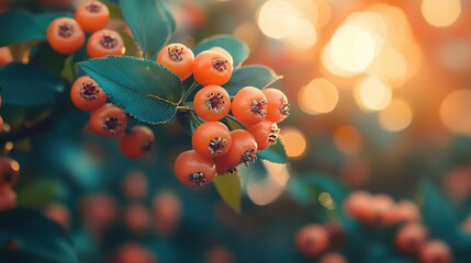 Close-up view of a branch with vibrant orange berries and lush green leaves.