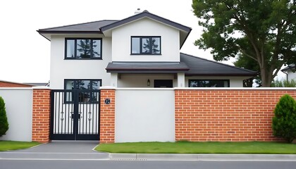 Modern home exterior design ideas: white stucco house with black windows and brick fence design