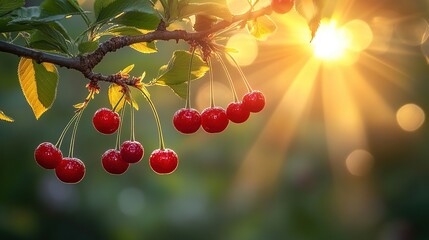 Ripe cherries on a branch bathed in sunlight.