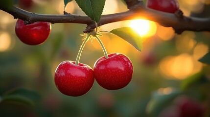 Ripe cherries hanging from a branch in sunlight.