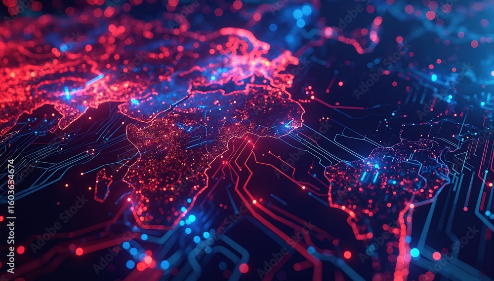 Poster a close-up view of a complex circuit board featuring an array of vibrant colored lights, showcasing 