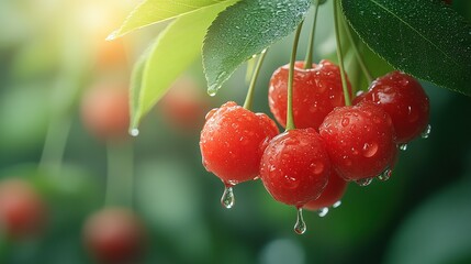 Fresh cherries dripping with water on a branch.