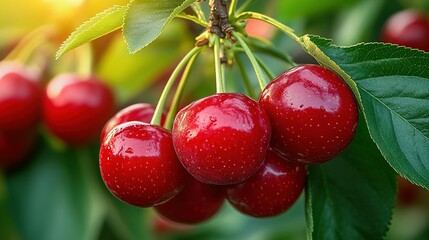 Close-up view of ripe cherries on a branch.