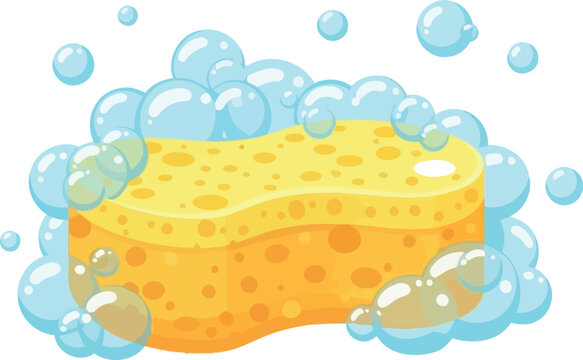 A yellow sponge covered in blue soap bubbles on a white background in a cartoon illustration