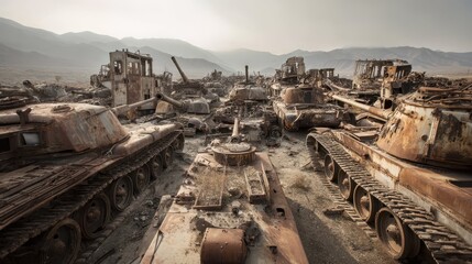 Rusting Military Tanks in Deserted Graveyard of Abandoned Machines