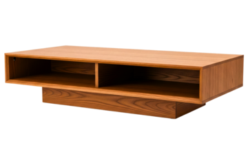 Modern floating media console made of light oak wood isolated on a transparent background
