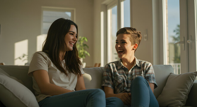 Two laughing women one with long dark hair and the other with short hair