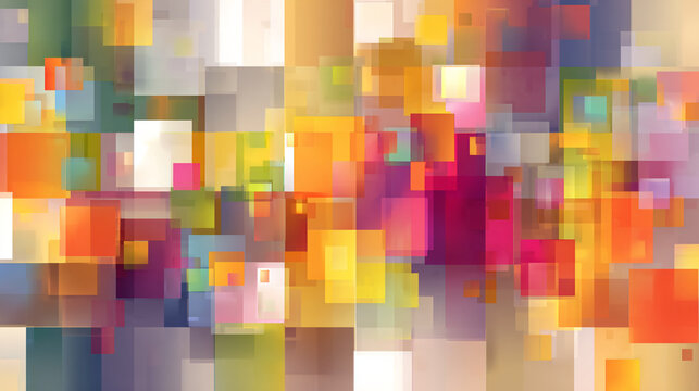 Abstract composition featuring overlapping squares in a vibrant color palette of yellows, pinks, and oranges