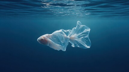 A plastic bag takes the shape of a fish as it floats through the serene blue ocean, highlighting pollution in marine environments