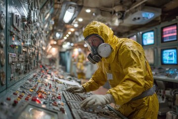 Scientist in a yellow protective suit manages complex controls in a laboratory, focused on experiments that require strict safety measures