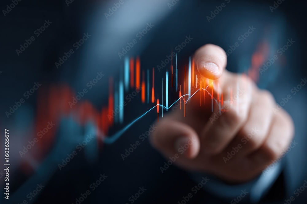 Poster financial market graphs are being analyzed by an investor using data visualization tools to inform i