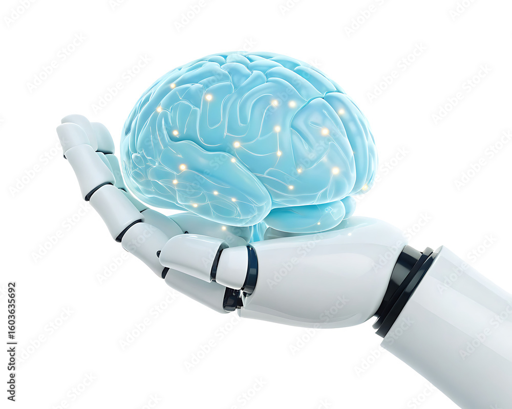 Poster artificial intelligence concept showing a robot hand holding a glowing blue brain model