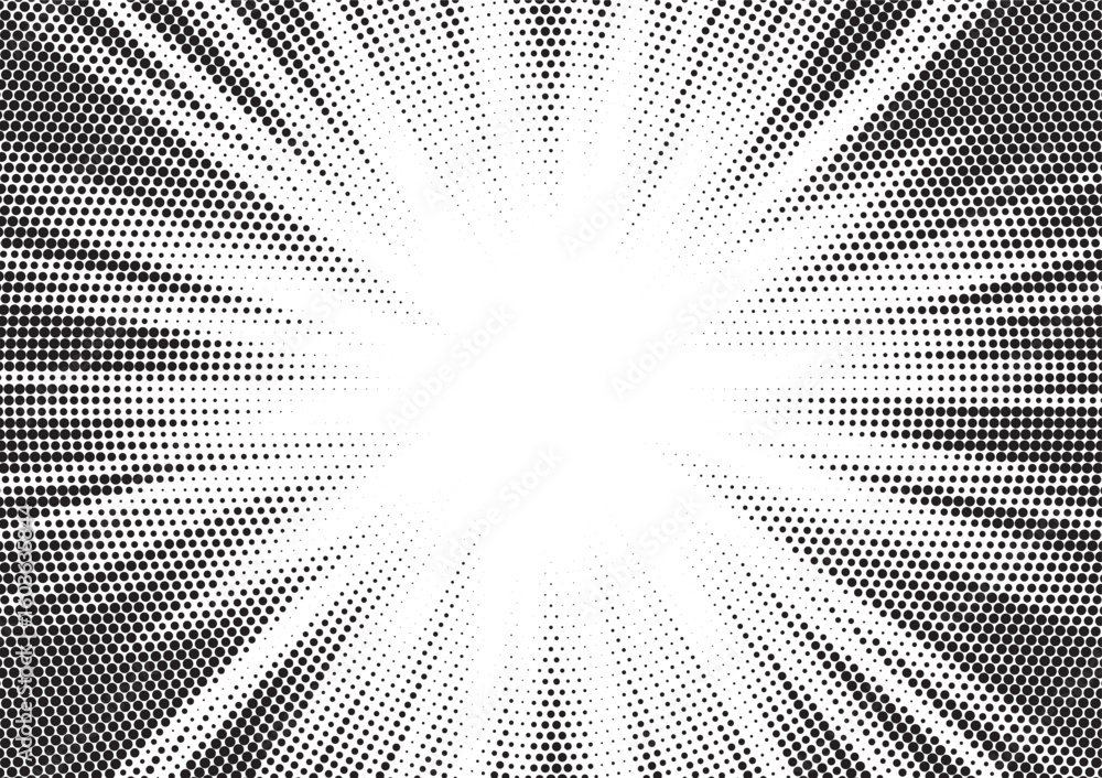 Poster halftone gradient sun rays pattern. abstract halftone vector dots background. monochrome dots patter