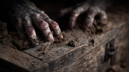 Hands of a Vampire Reaching Through a Cracked Coffin Lid