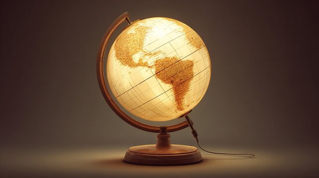 Lit globe lamp, glowing continents, warm tones, wooden stand, cord visible, studio shot, dark backdrop, soft lighting - Powered by Adobe