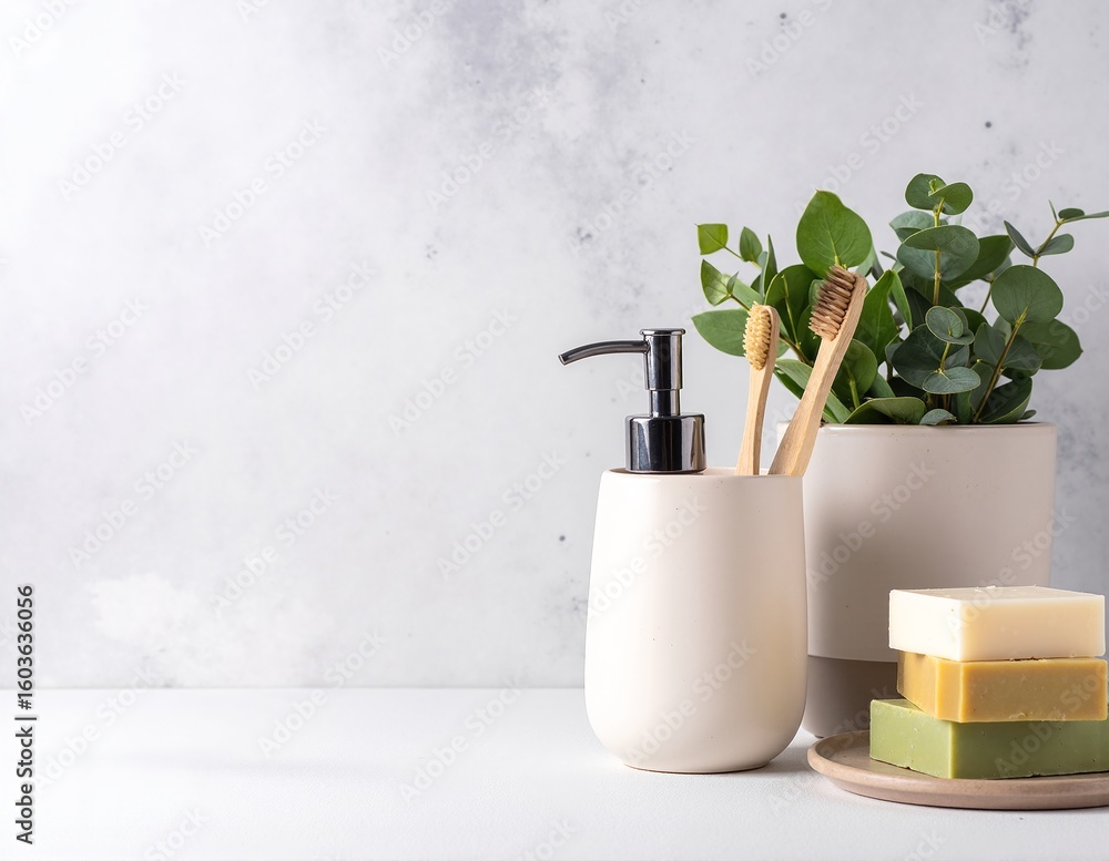 Poster a sleek white ceramic vase holds an assortment of colorful toothbrushes alongside a bar of soap, cre